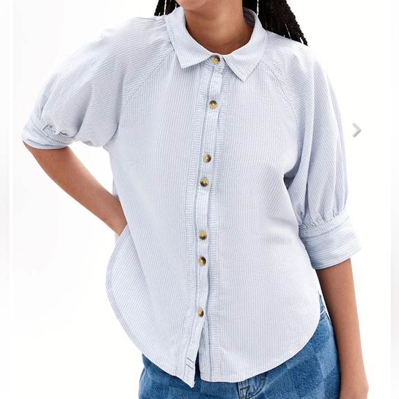 We The Free Ellie Stripe Puff Sleeve Pin Stripe 100% Cotton Collared Blouse - Picture 2 of 11